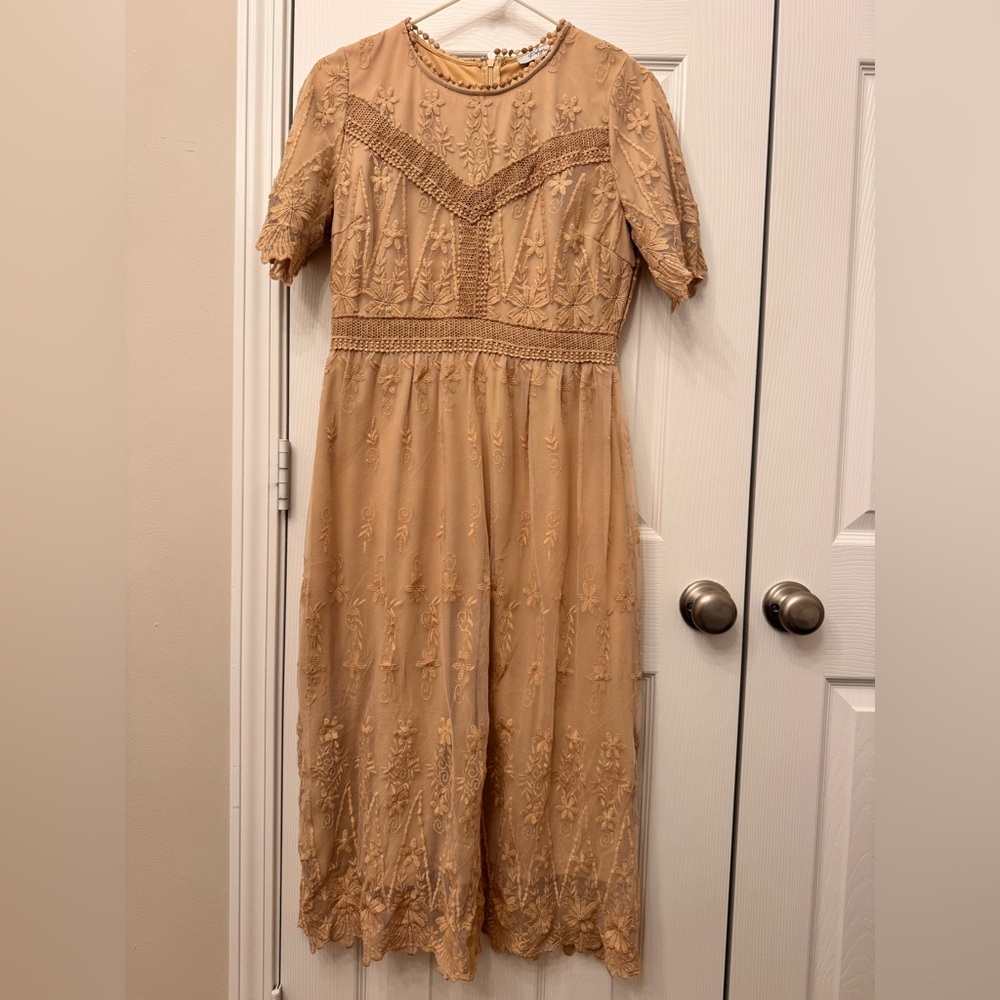 Polagram Beige Embroidered Midi Dress